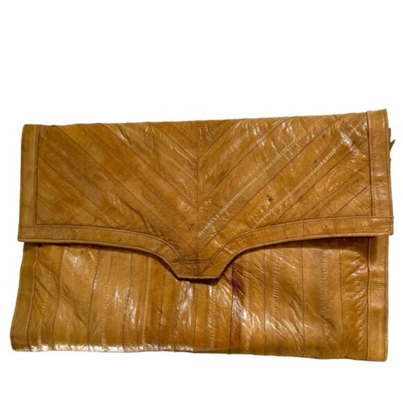 Vintage 1980s 80s Eelskin Clutch Bag Minimalist Leather Zipper Snap Tote Neutral - Picture 1 of 16